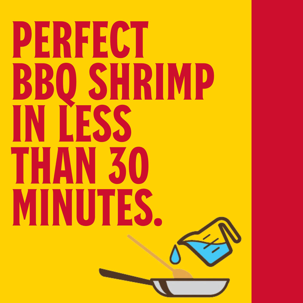 plated BBQ shrimp tossed in Louisiana Fish Fry sauce served with rice to showcase serving suggestion