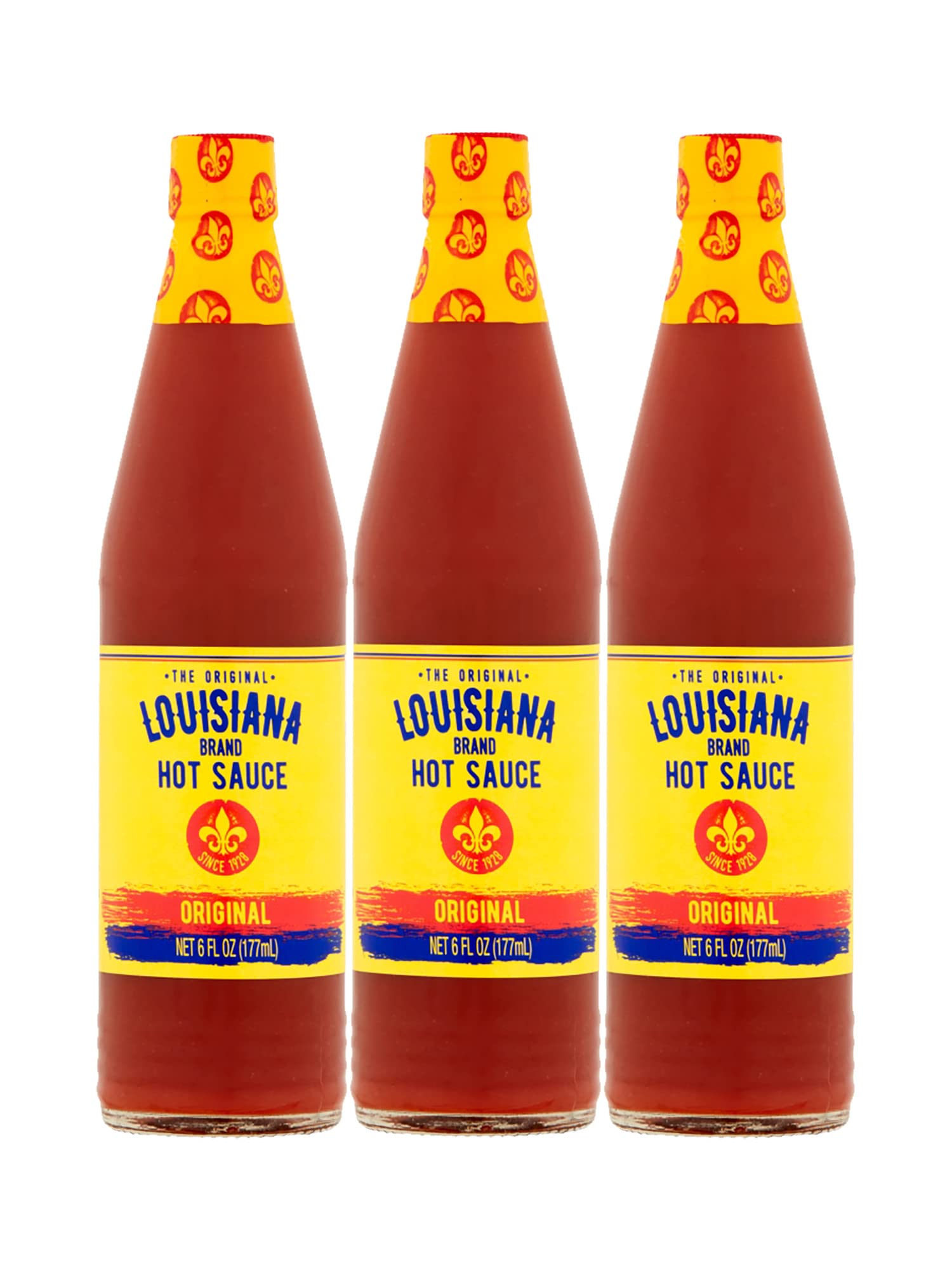 Louisiana brand front packaging showing three 6 oz bottles and clear labeling for pantry storage benefit