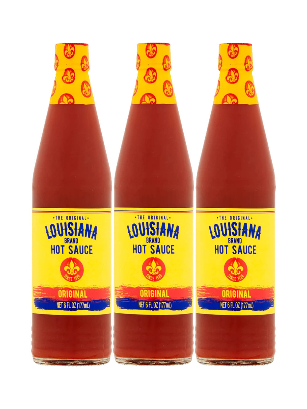 Louisiana brand front packaging showing three 6 oz bottles and clear labeling for pantry storage benefit