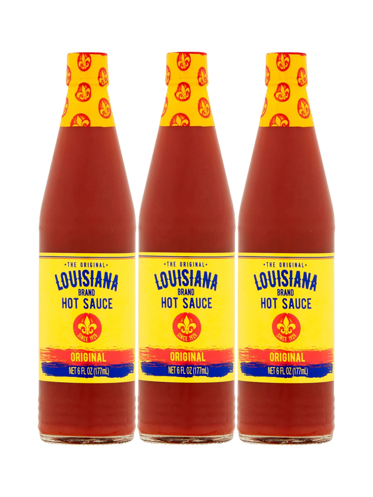 Louisiana brand front packaging showing three 6 oz bottles and clear labeling for pantry storage benefit