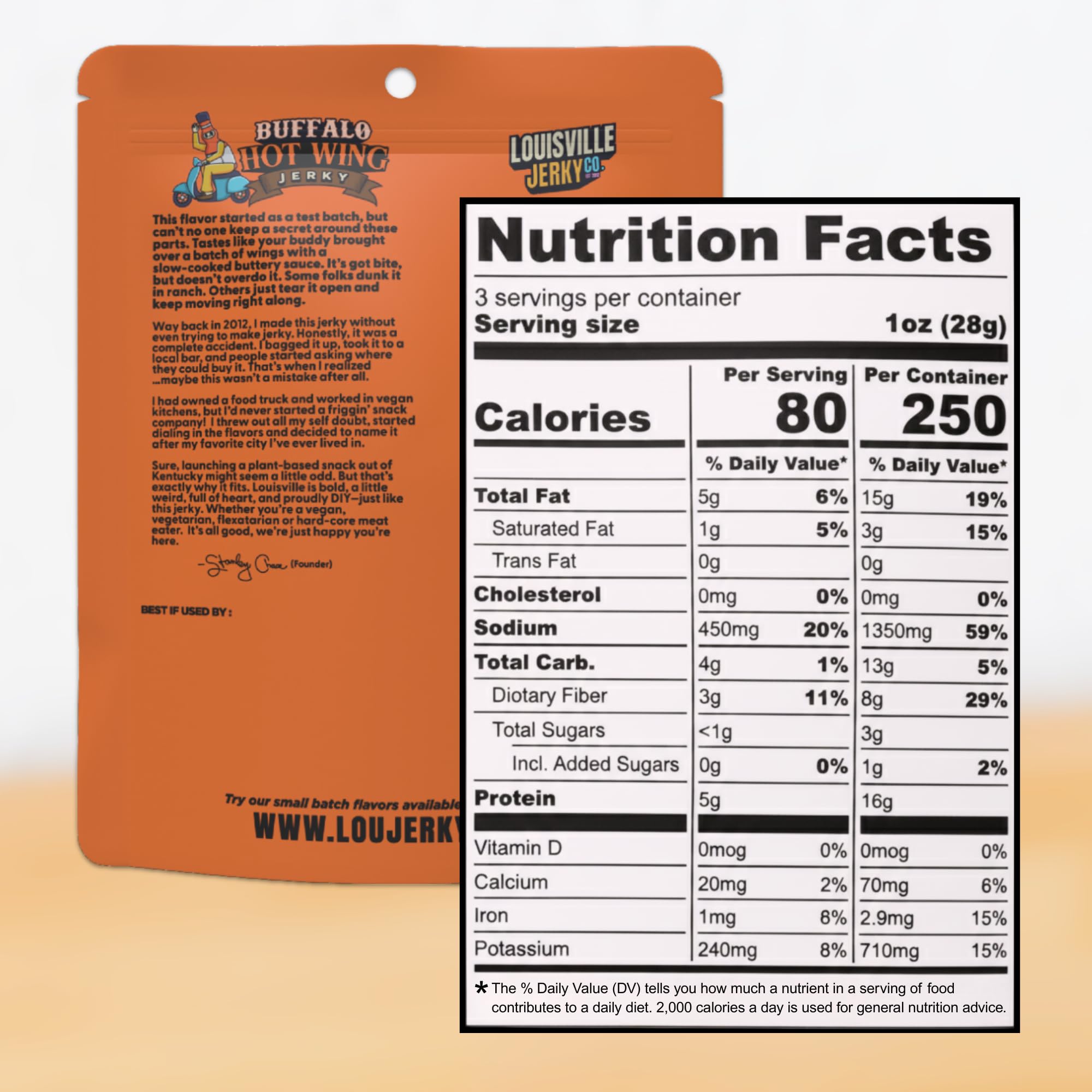 Louisville Vegan Jerky closeup of a single 3 oz bag highlighting packaging quality and portability