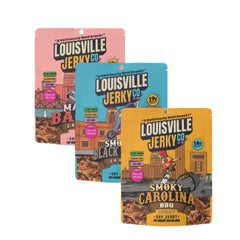 Louisville Vegan Jerky front packaging showing three 3 oz bags and branding benefit: clear flavor variety