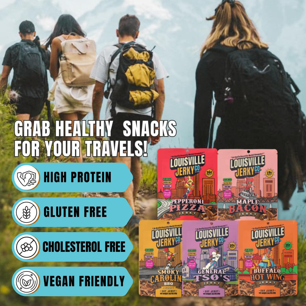 Louisville Vegan Jerky in a hiker's hand on trail demonstrating portable, protein-rich snack