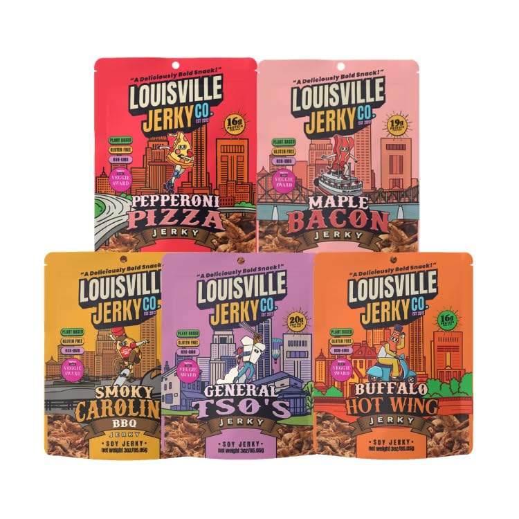Louisville Vegan Jerky front-pack showing five flavors and bold branding benefit convenience