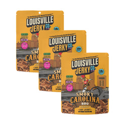 Louisville Vegan Jerky front packaging showing three 3 oz bags and branding, promotes grab-and-go convenience