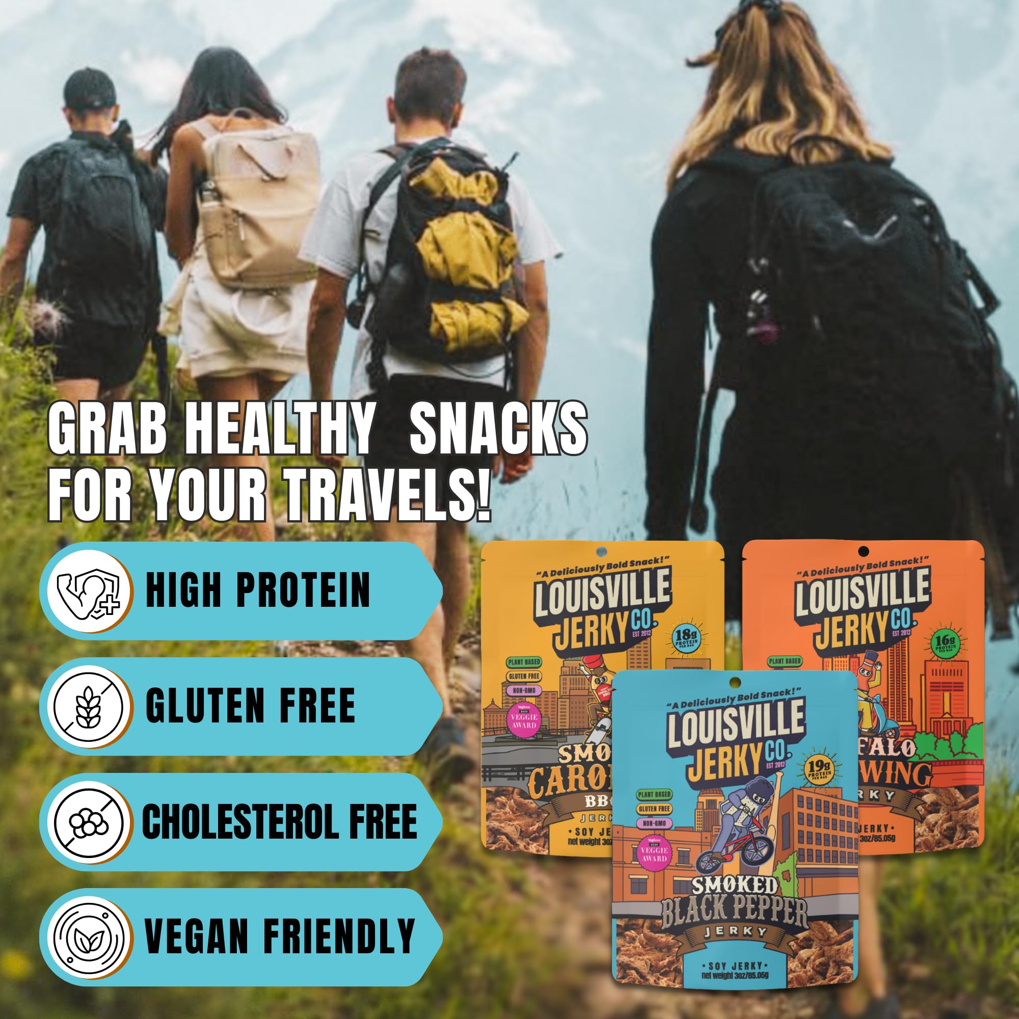 Hand holding Louisville Vegan Jerky 3 oz bag to show portable pack size