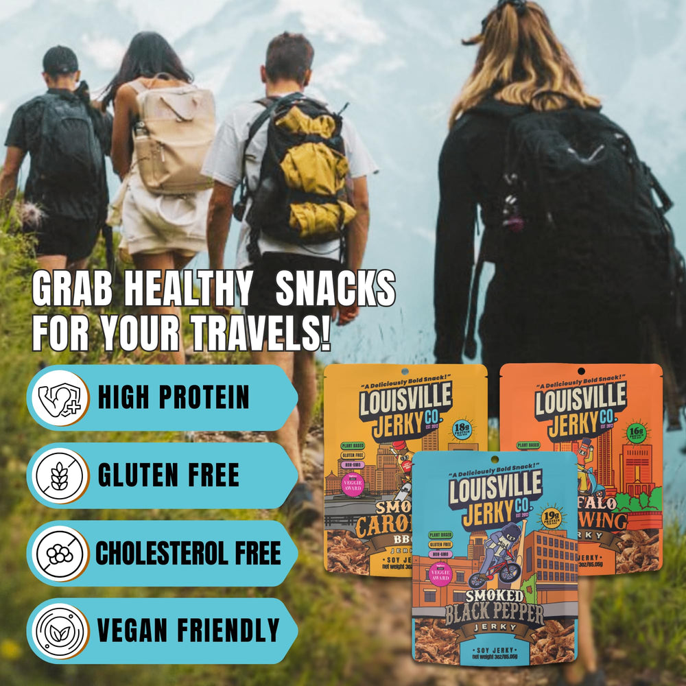 Hand holding Louisville Vegan Jerky 3 oz bag to show portable pack size