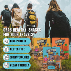Hand holding Louisville Vegan Jerky 3 oz bag to show portable pack size