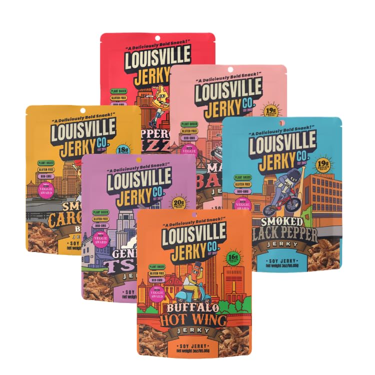 Louisville Vegan Jerky variety pack front showing six flavored bags and brand benefit