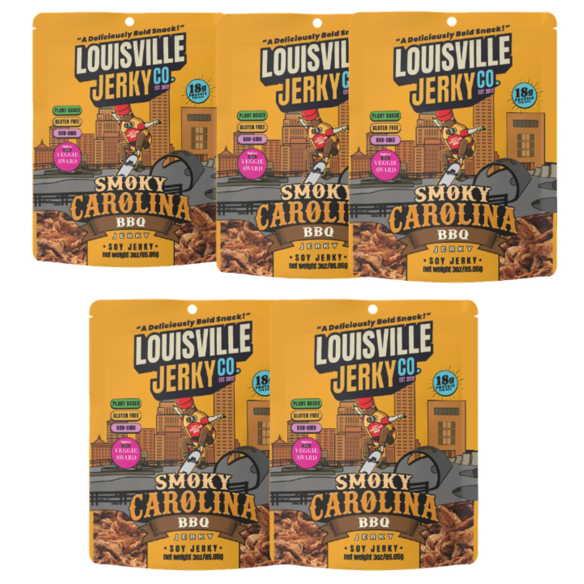 Louisville Vegan Jerky front packaging showing smoky Carolina BBQ flavor and benefits