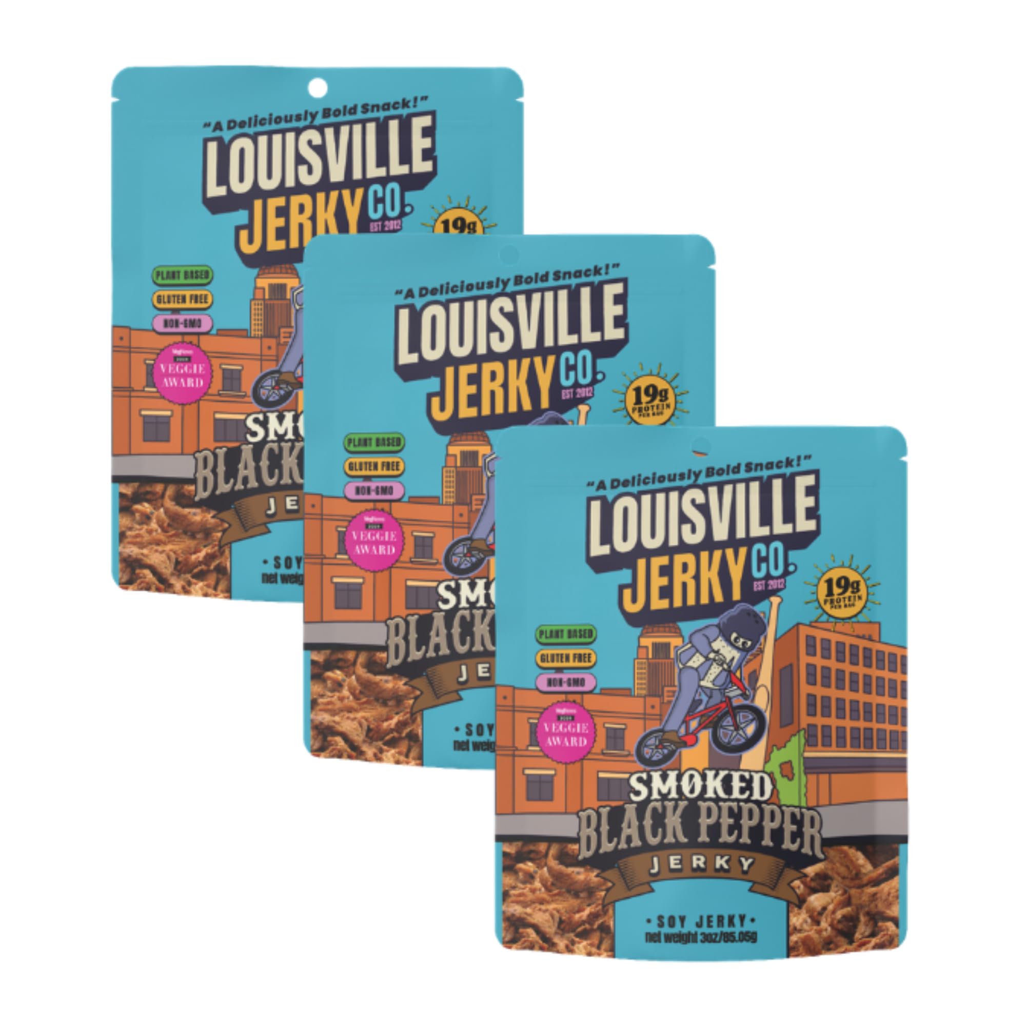 Louisville Vegan Jerky front packaging showing three 3 oz bags and bold pepper flavor benefit