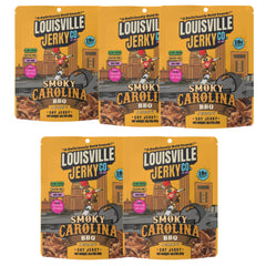 Louisville Vegan Jerky front packaging showing smoky Carolina BBQ flavor and benefits