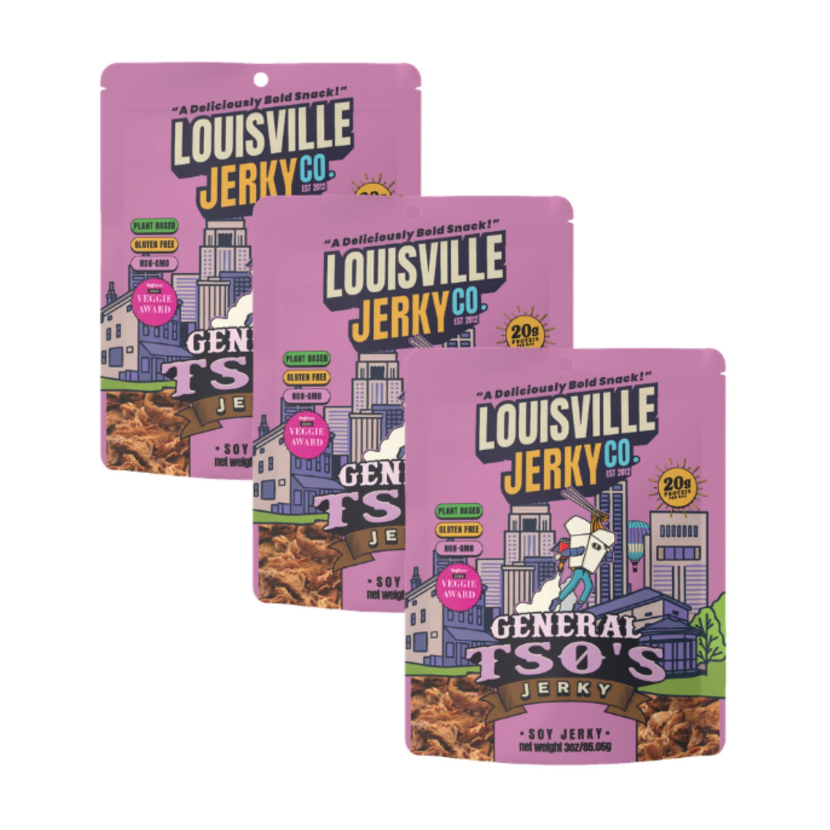 Louisville Vegan Jerky front packaging showing General Tso’s flavor and benefits