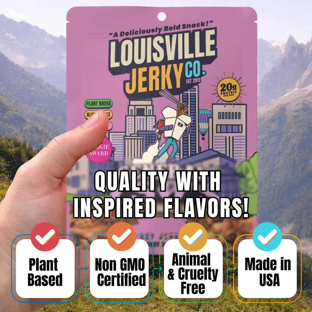 Louisville Vegan Jerky ingredient label close up showing non‑GMO and gluten‑free