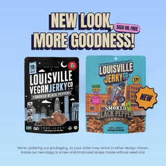 Louisville Vegan Jerky open bag with pieces visible, convenient portable snack benefit