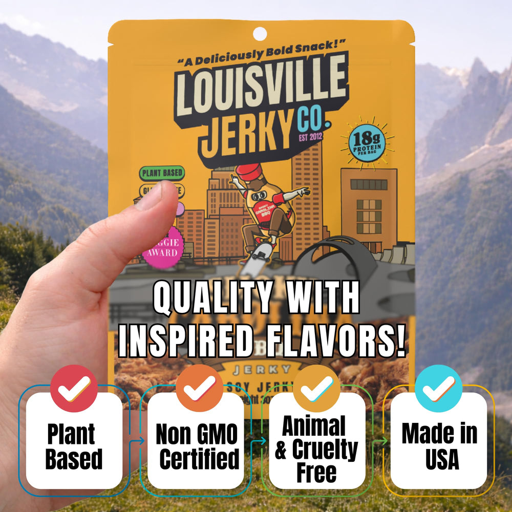 Louisville Vegan Jerky served on charcuterie board offering bold BBQ flavor benefit
