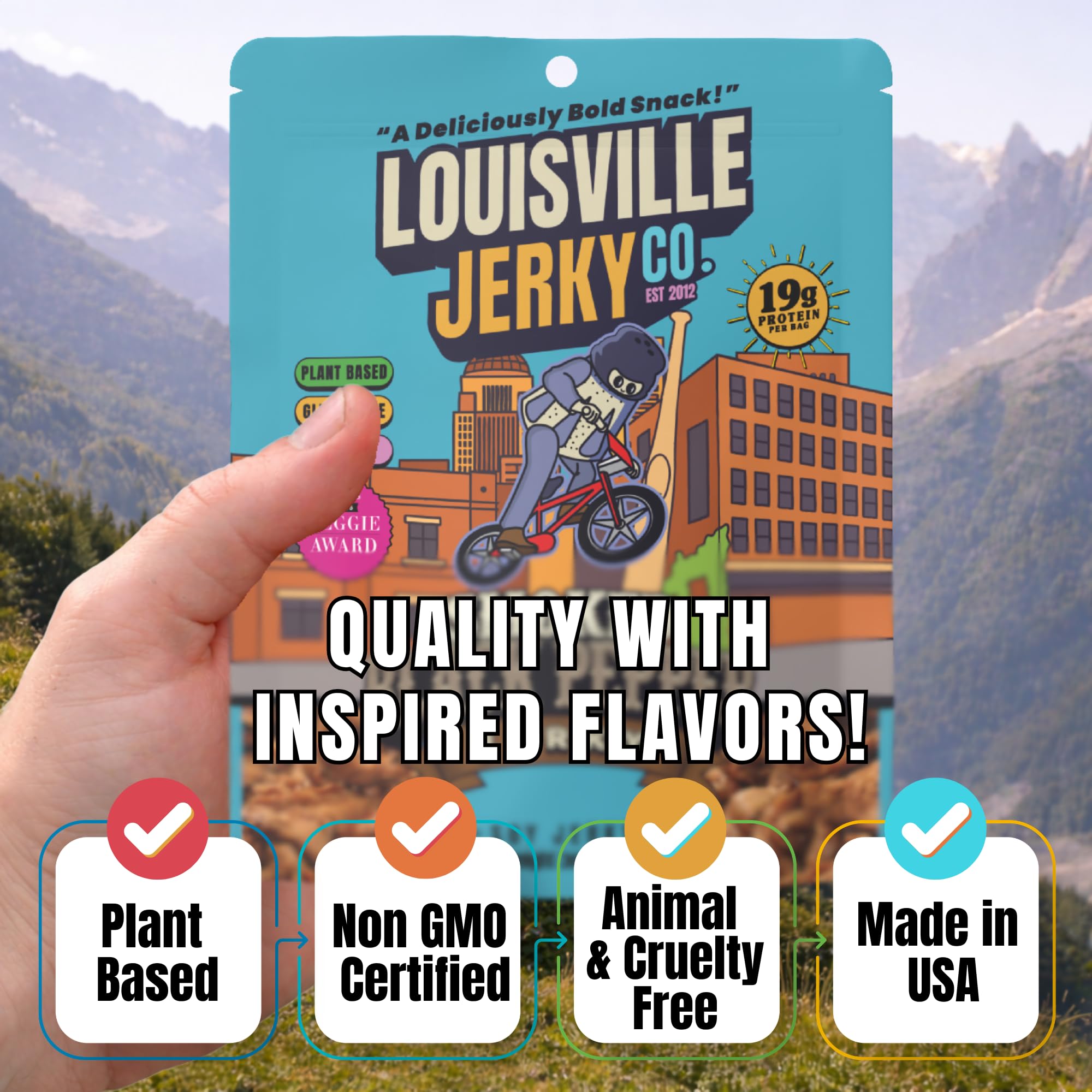 Louisville Vegan Jerky served on a board with crackers, great for sharing and snacking benefit