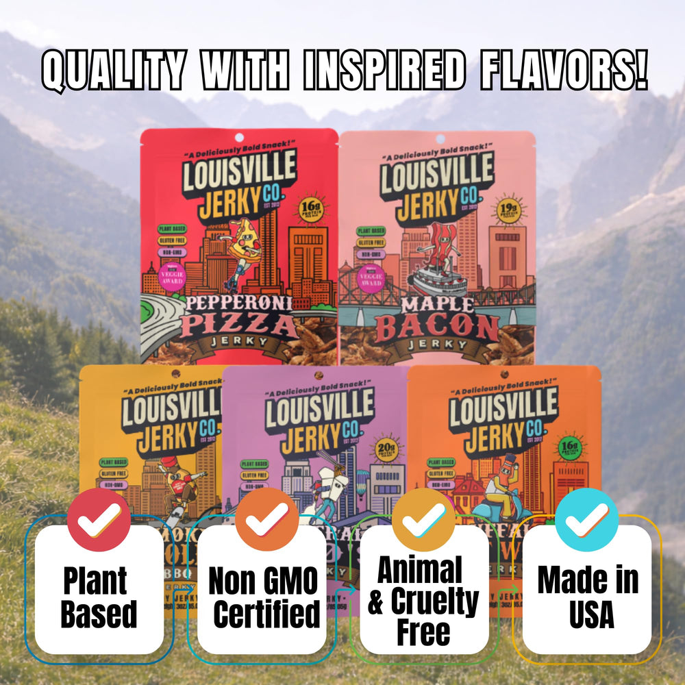 Louisville Vegan Jerky served on a plate next to beer to show pairing and bold savory flavor