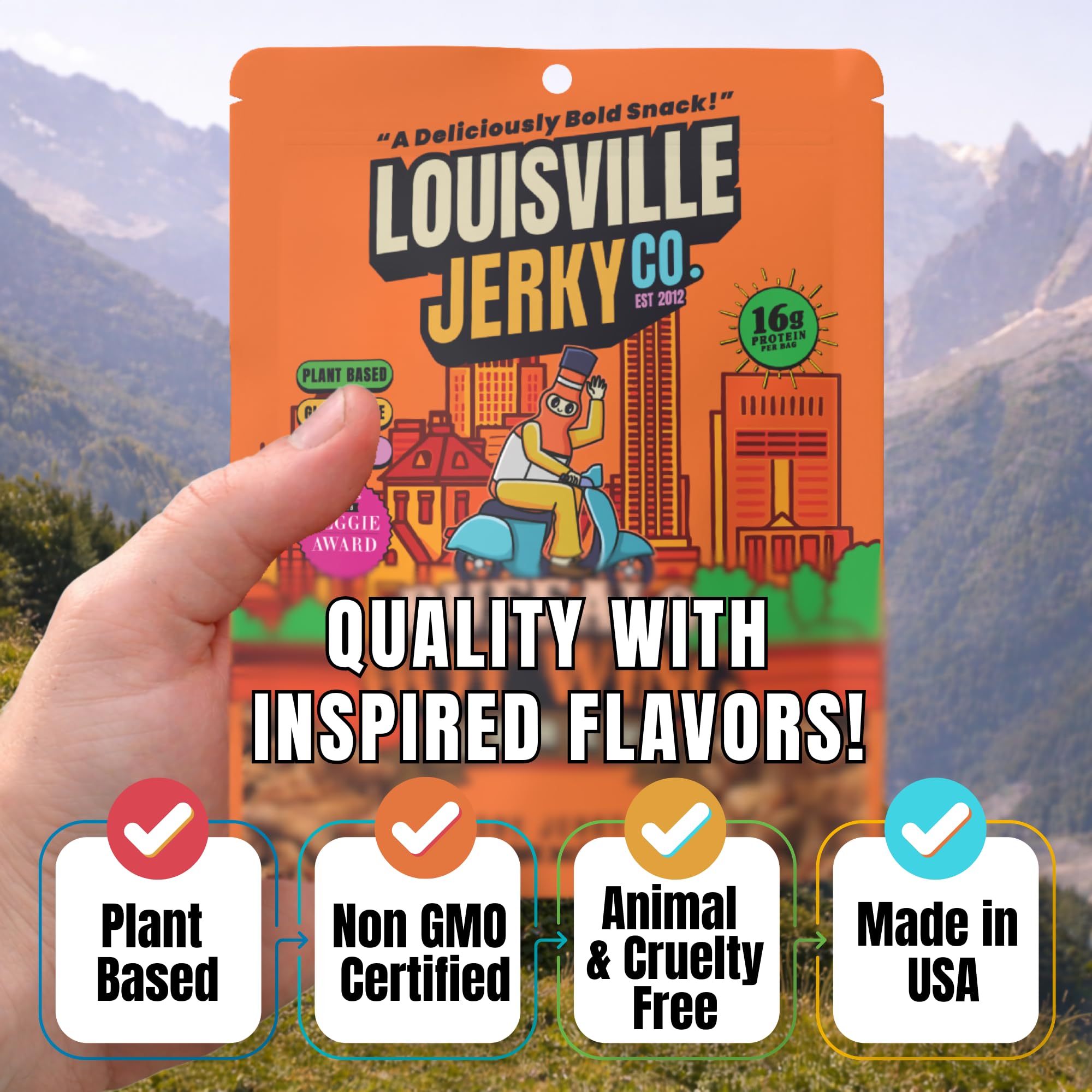 Louisville Vegan Jerky size comparison next to hand showing portable snack benefit