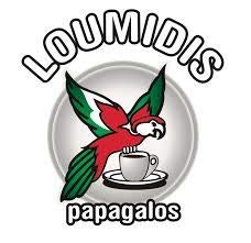 Loumidis Papagalos pack next to a demitasse cup to show size and serving yield