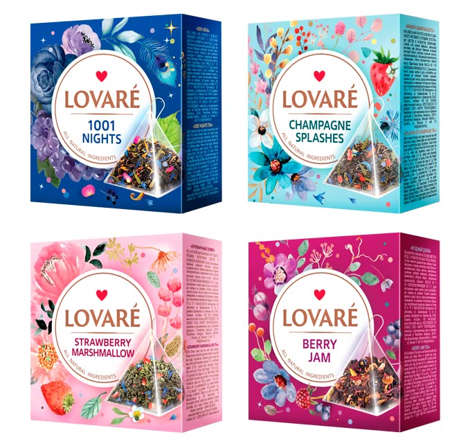 LOVARE front packaging assortment showing four boxed pyramid flavors and convenience