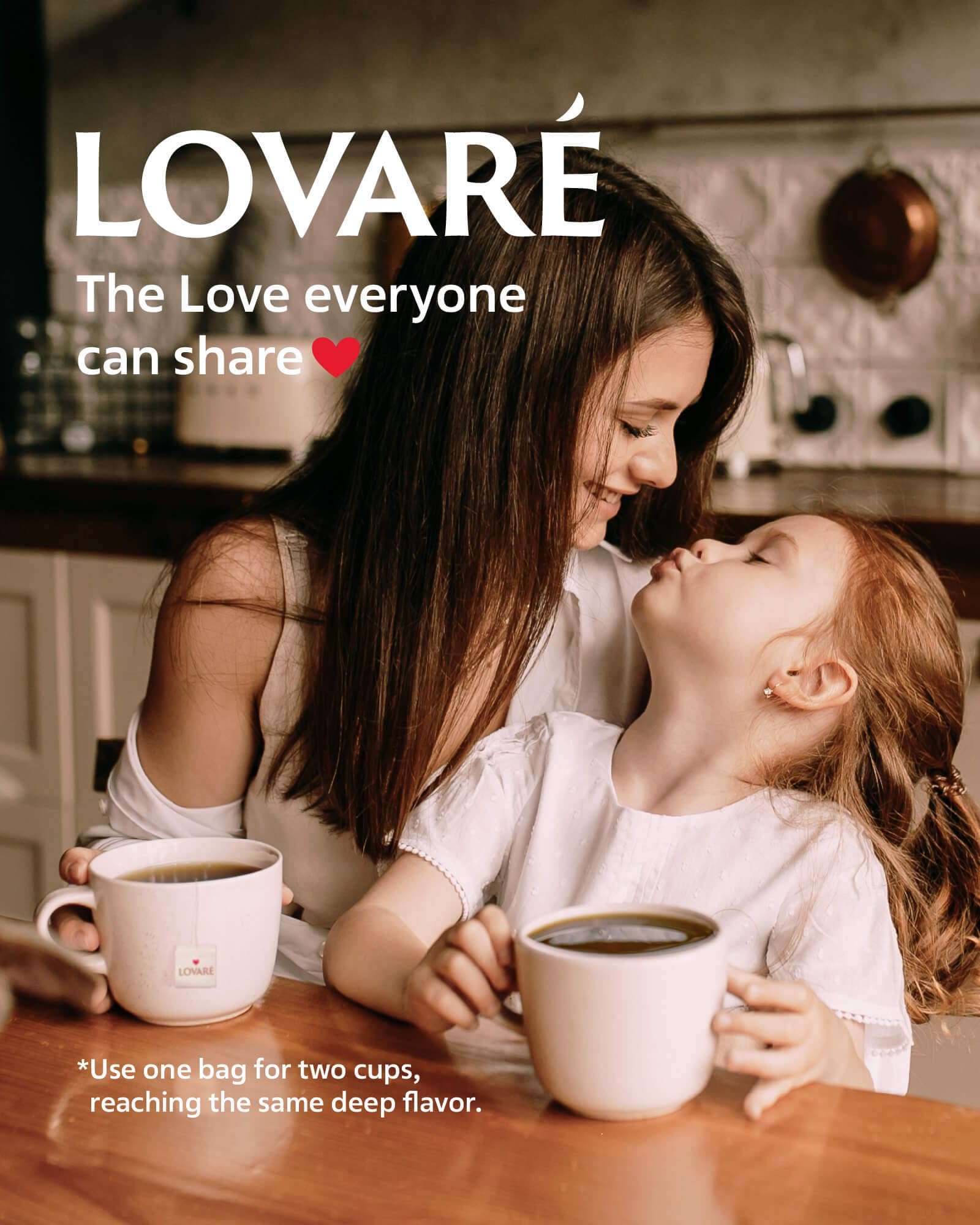 LOVARE box beside standard mug indicating scale and portable serving size