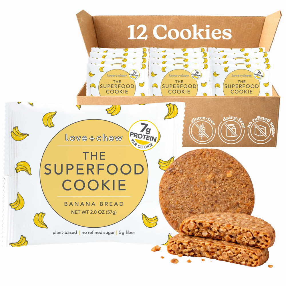 Love + Chew front packaging showing banana bread cookies and benefits