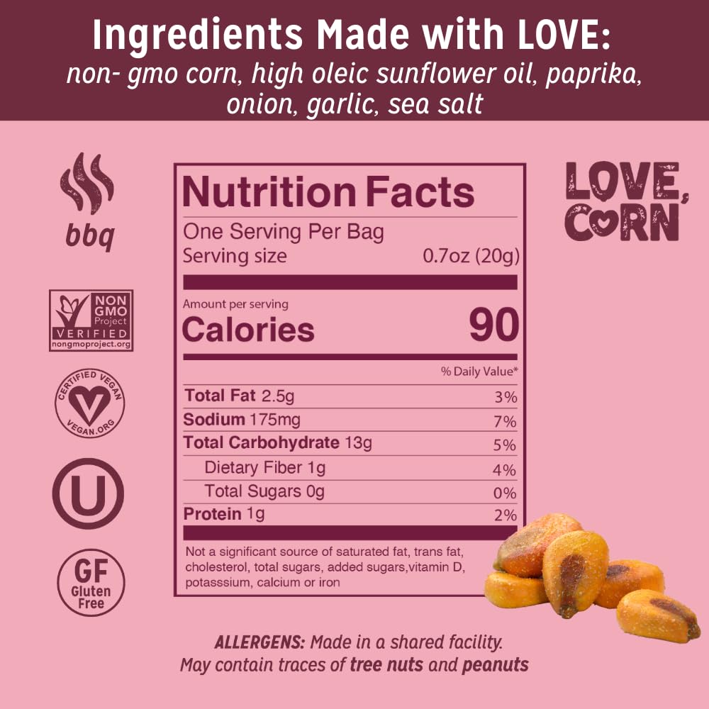 Love Corn BBQ next to a coin for scale showing compact 0.7oz single-serve size