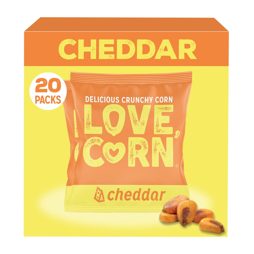 Love Corn front packaging showing cheddar snack and portions benefit
