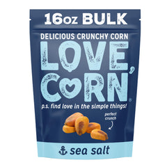 LOVE CORN front packaging shows 16oz bulk bag and benefits