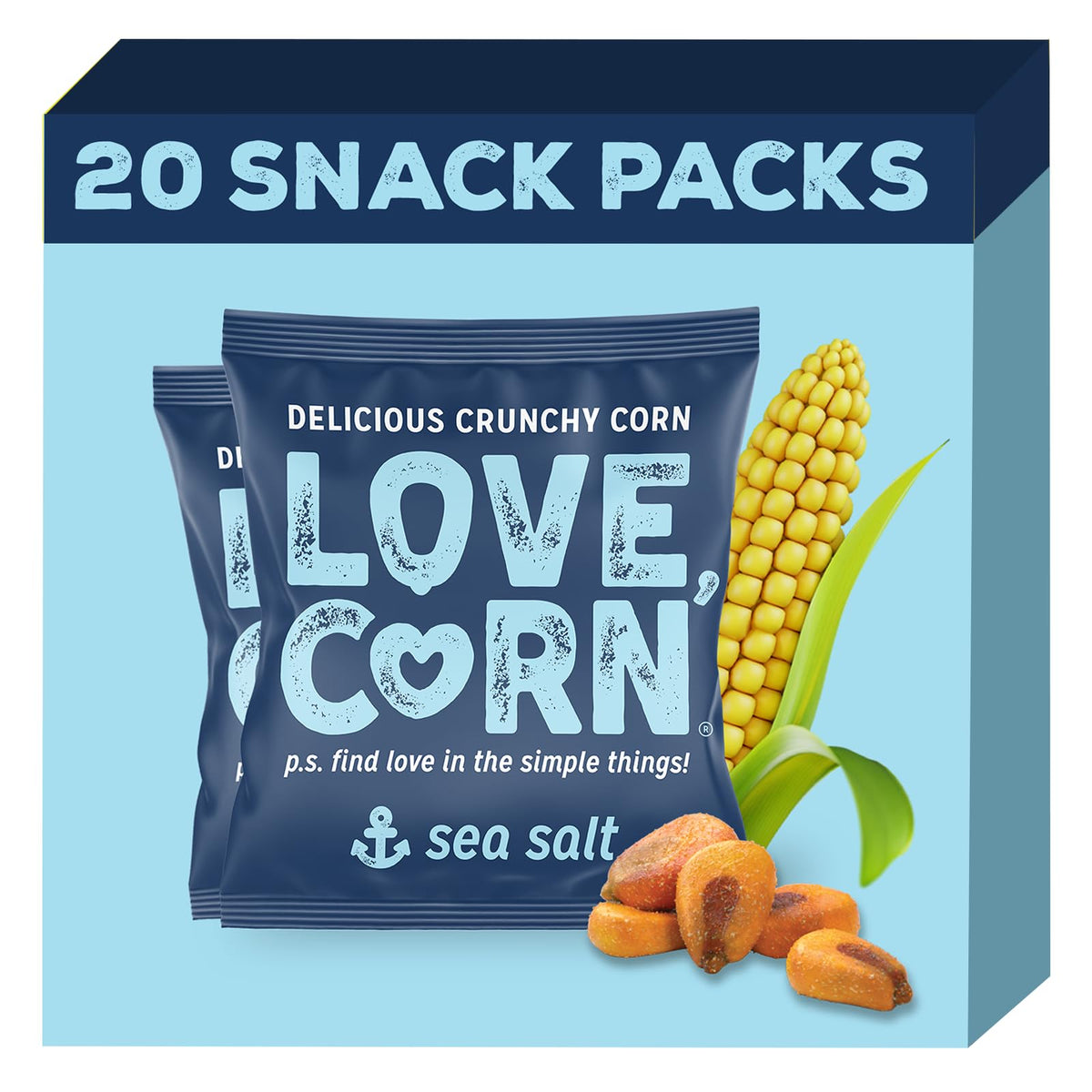 Love Corn front packaging sea salt showing serving count and benefit