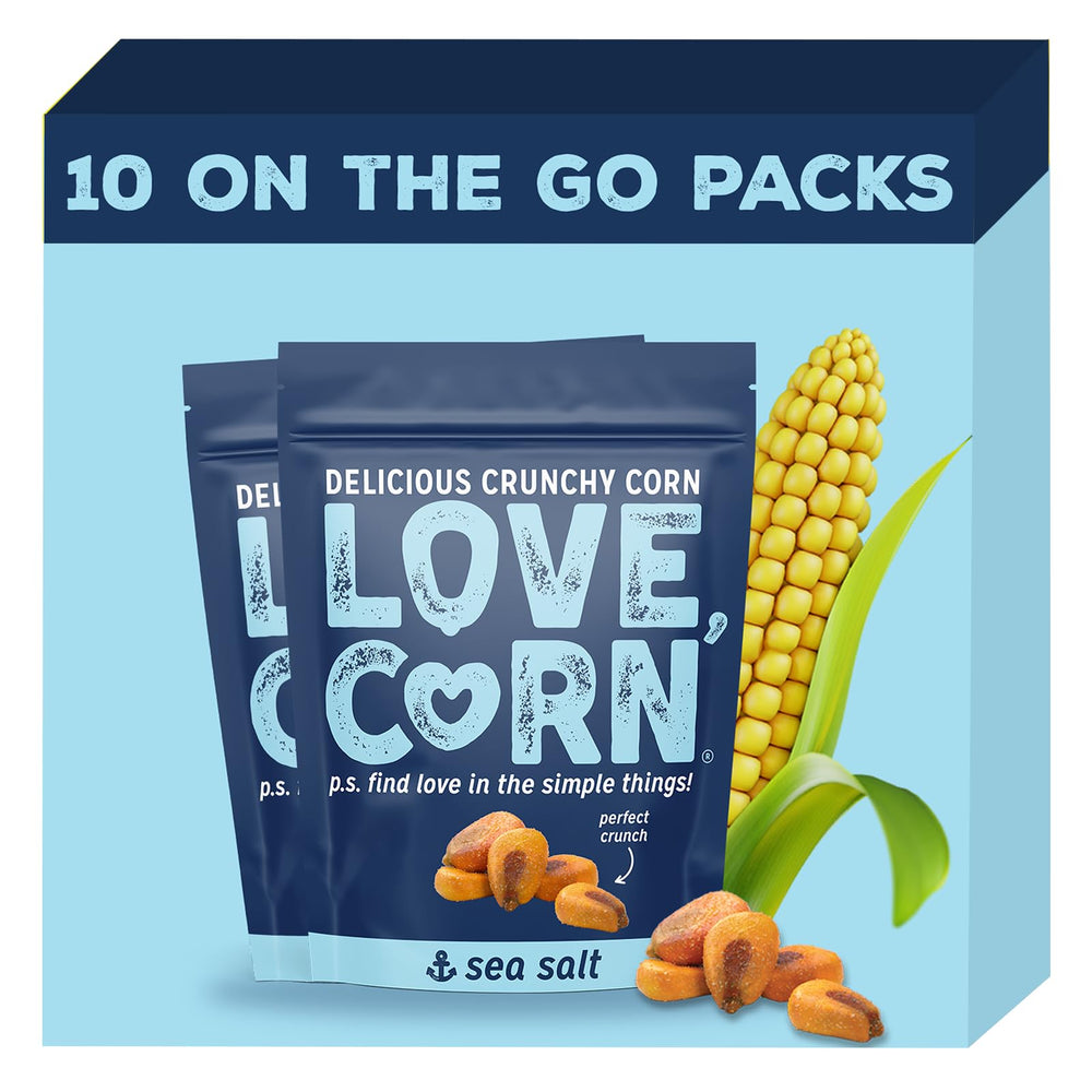 Love Corn front packaging showing 1.6oz bag and sea salt flavor benefit portability