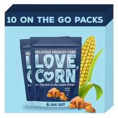 Love Corn front packaging showing 1.6oz bag and sea salt flavor benefit portability