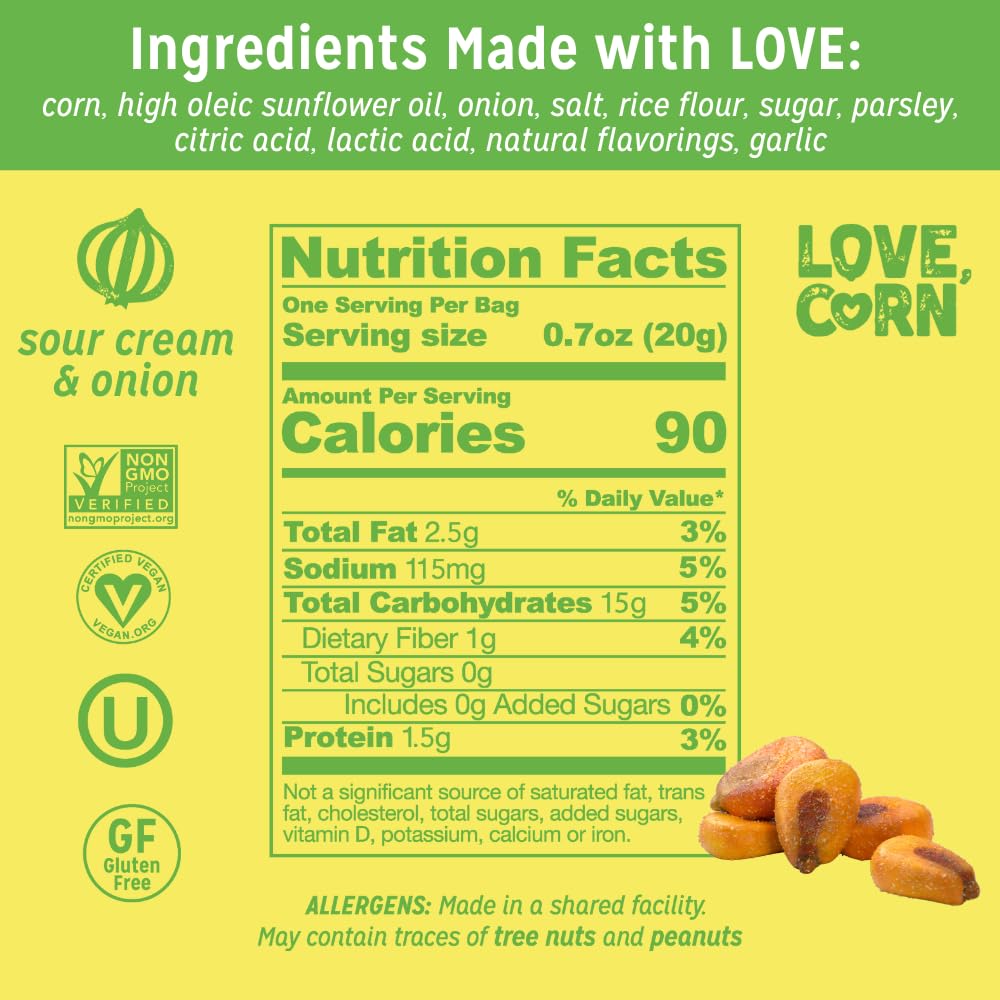 Love Corn nutrition label detail highlighting gluten-free and vegan