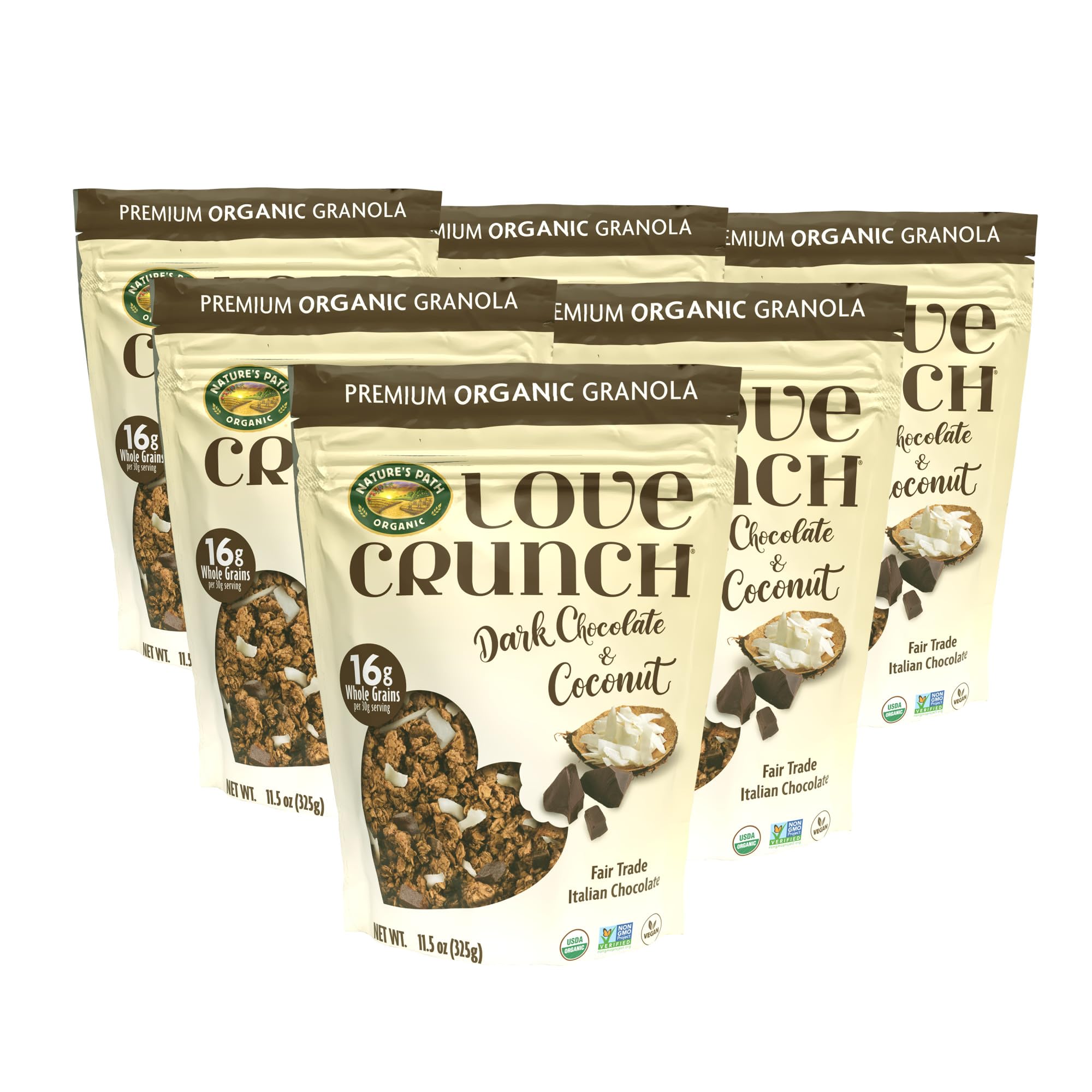 Love Crunch close-up of dark chocolate chunks and coconut flakes, highlighting texture