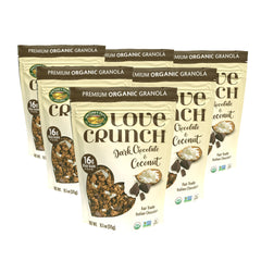 Love Crunch close-up of dark chocolate chunks and coconut flakes, highlighting texture