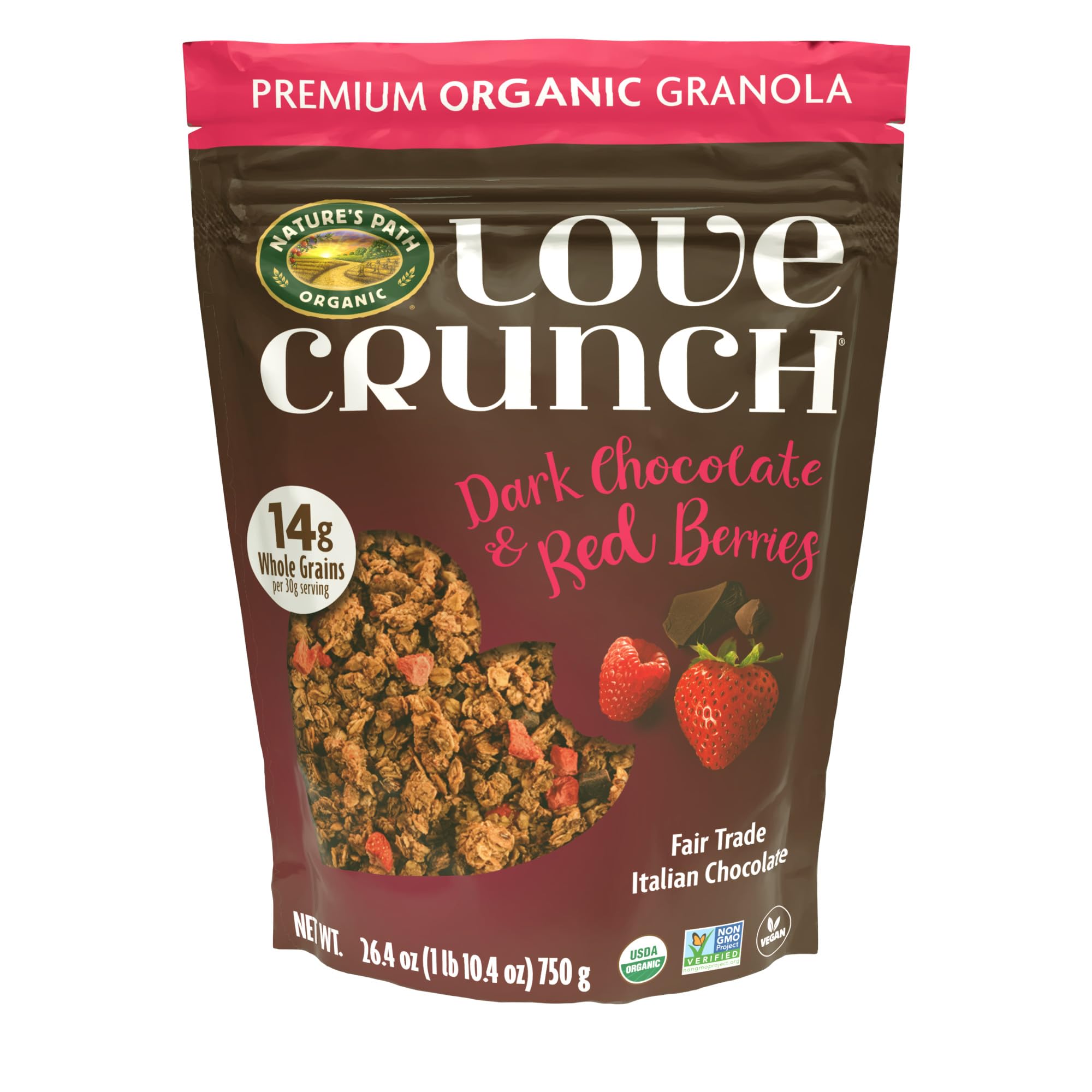 Love Crunch front packaging showing organic label and chocolate-berry blend benefit