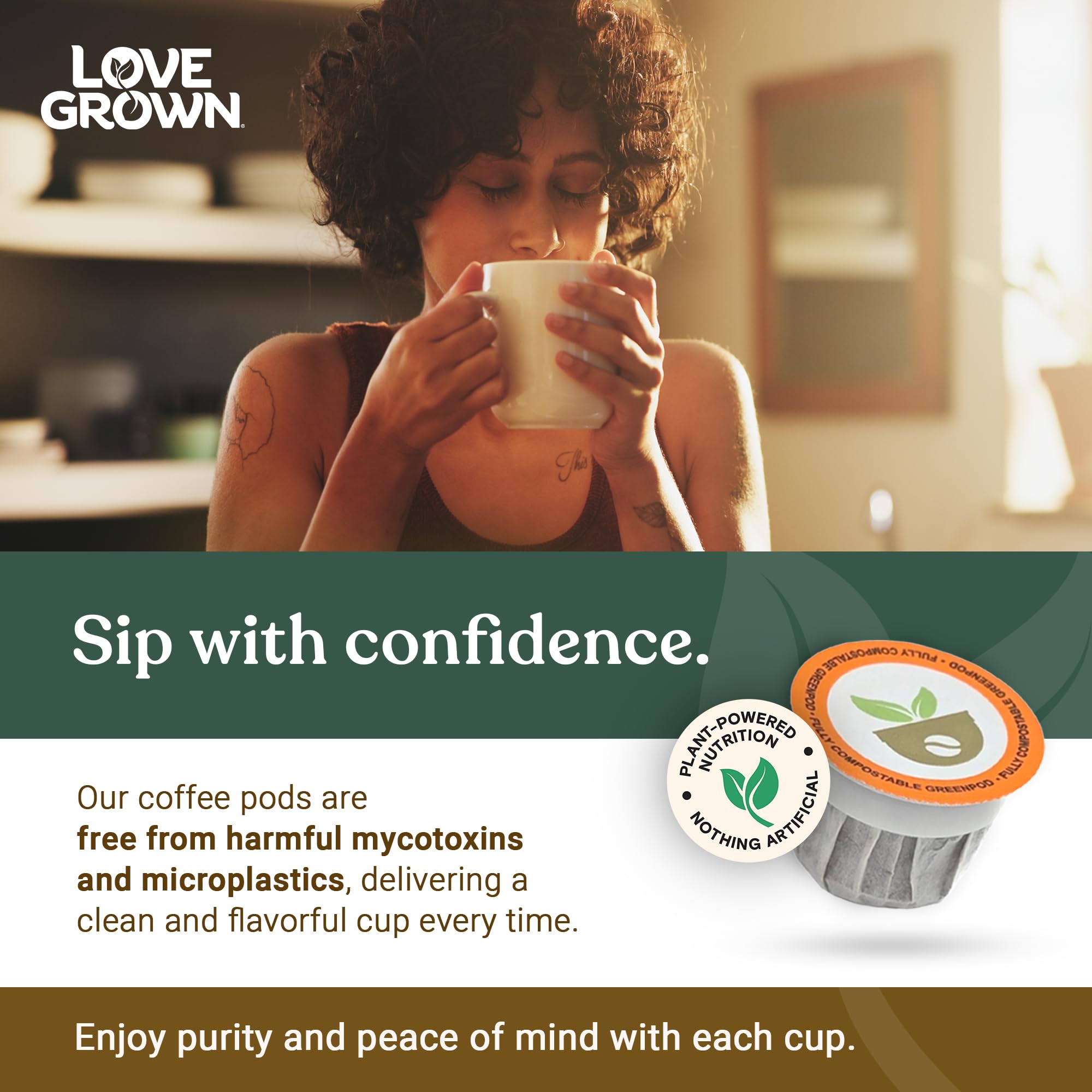 Love Grown steaming brewed mug showcasing rich medium roast aroma and flavor