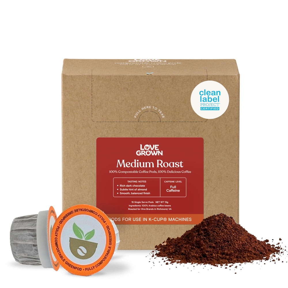 Love Grown front box showing product name and 15 compostable pods benefit clarity