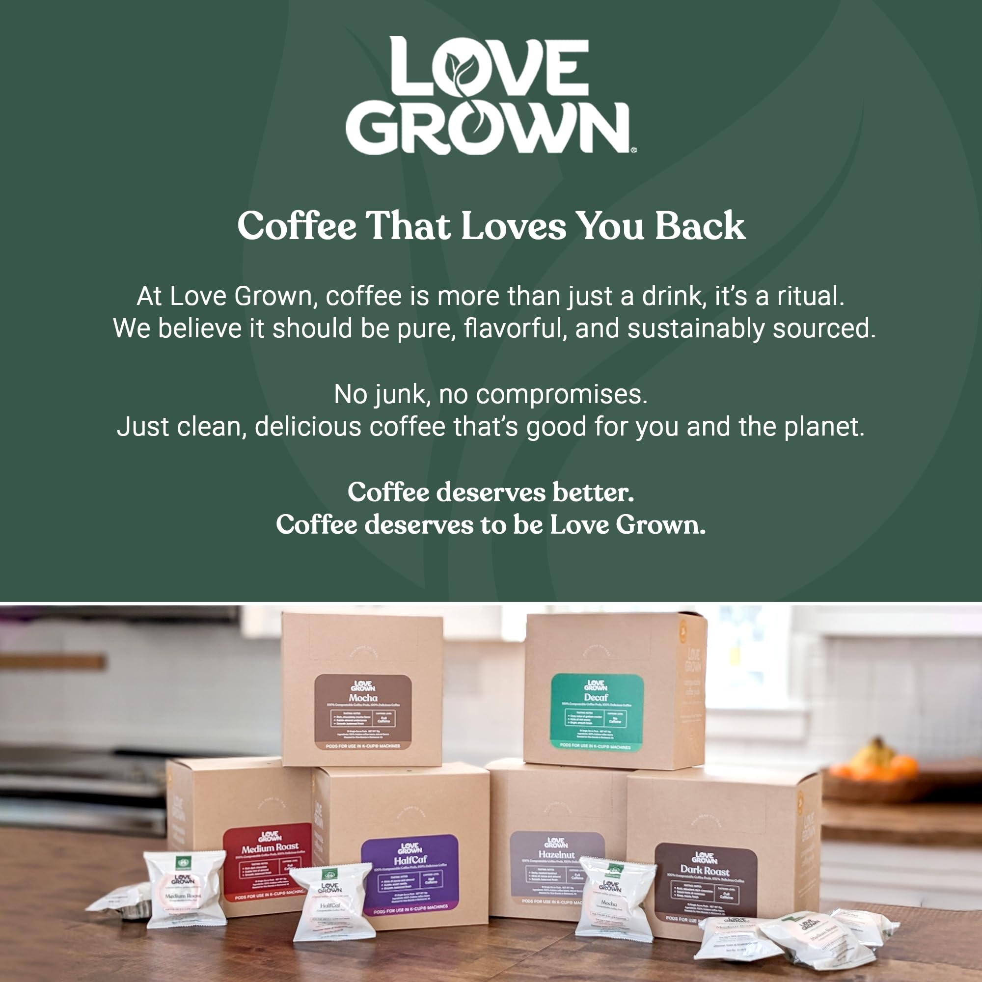 Love Grown pods and box in a bright kitchen lifestyle scene promoting sustainable choice