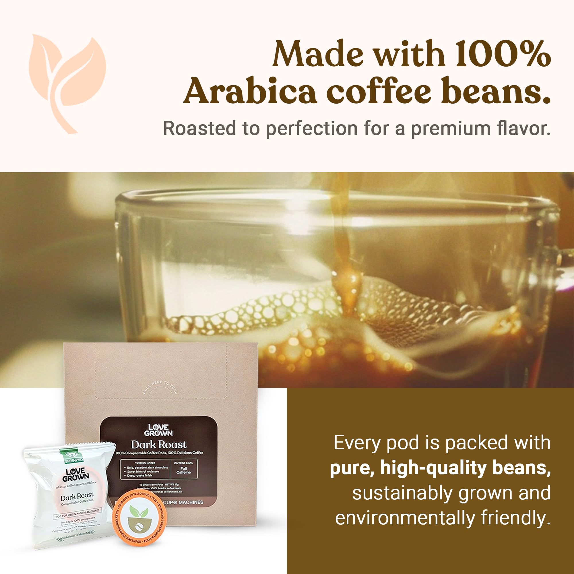 Love Grown pod next to a measuring spoon illustrating 40% more coffee per pod