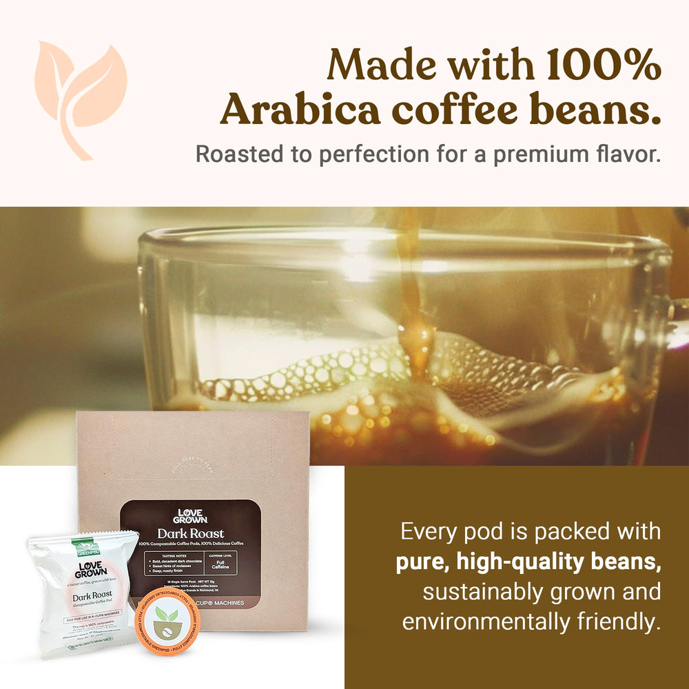 Love Grown pod next to a measuring spoon illustrating 40% more coffee per pod