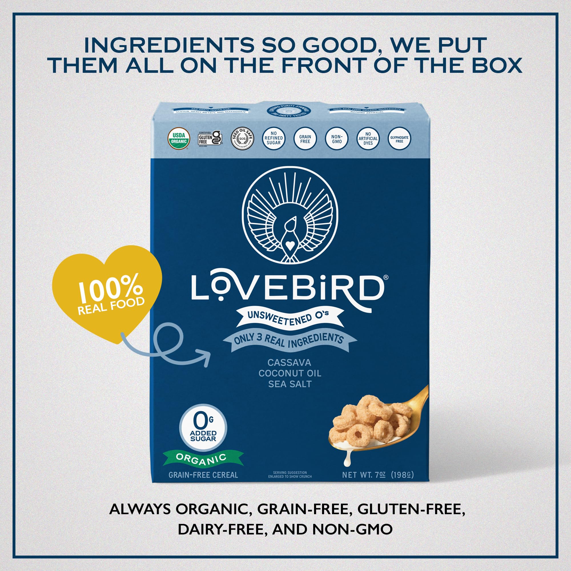 Lovebird label with third-party tested badge emphasising ingredient verification