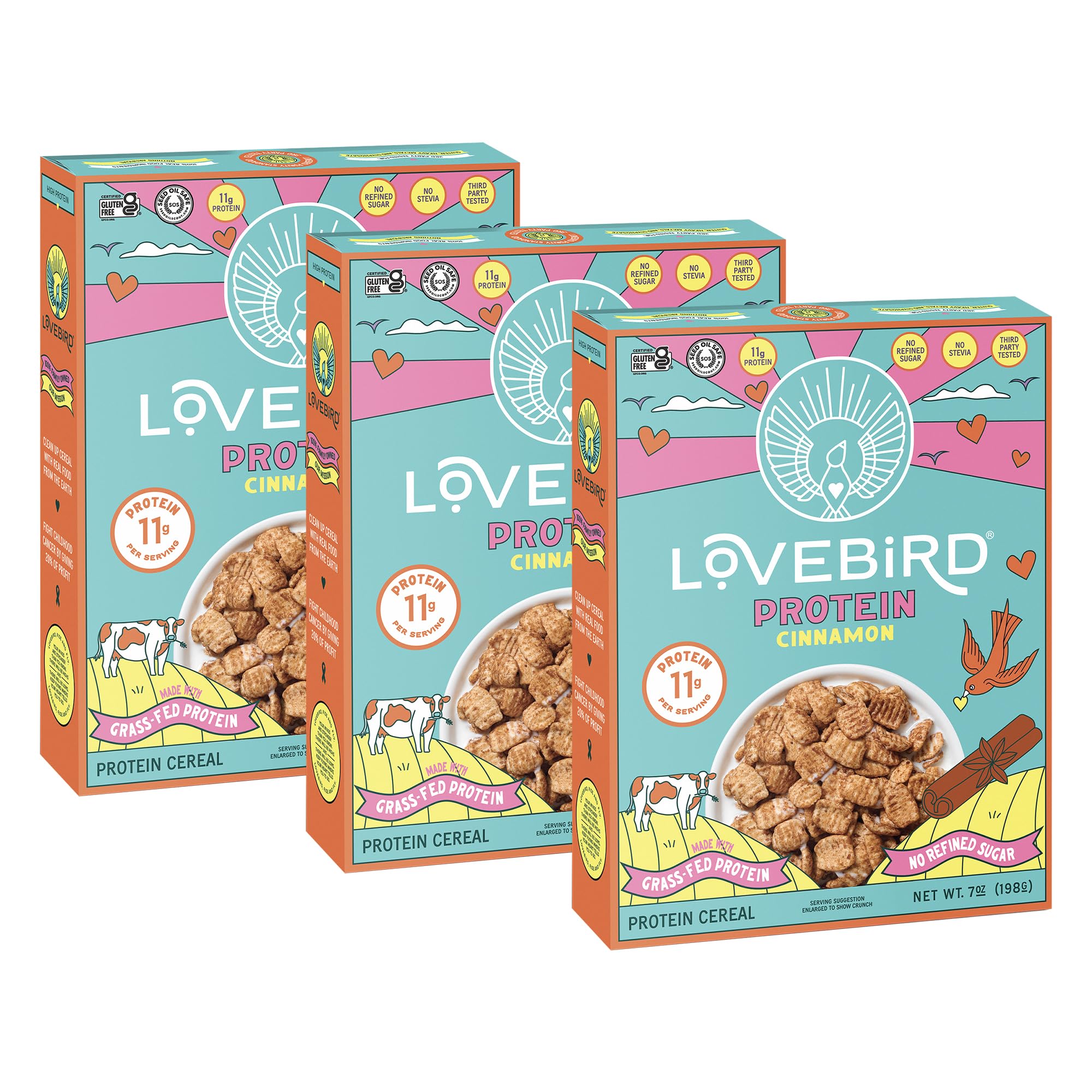 Lovebird cereal pack front view showing cinnamon flavor and protein benefit