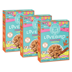 Lovebird cereal pack front view showing cinnamon flavor and protein benefit