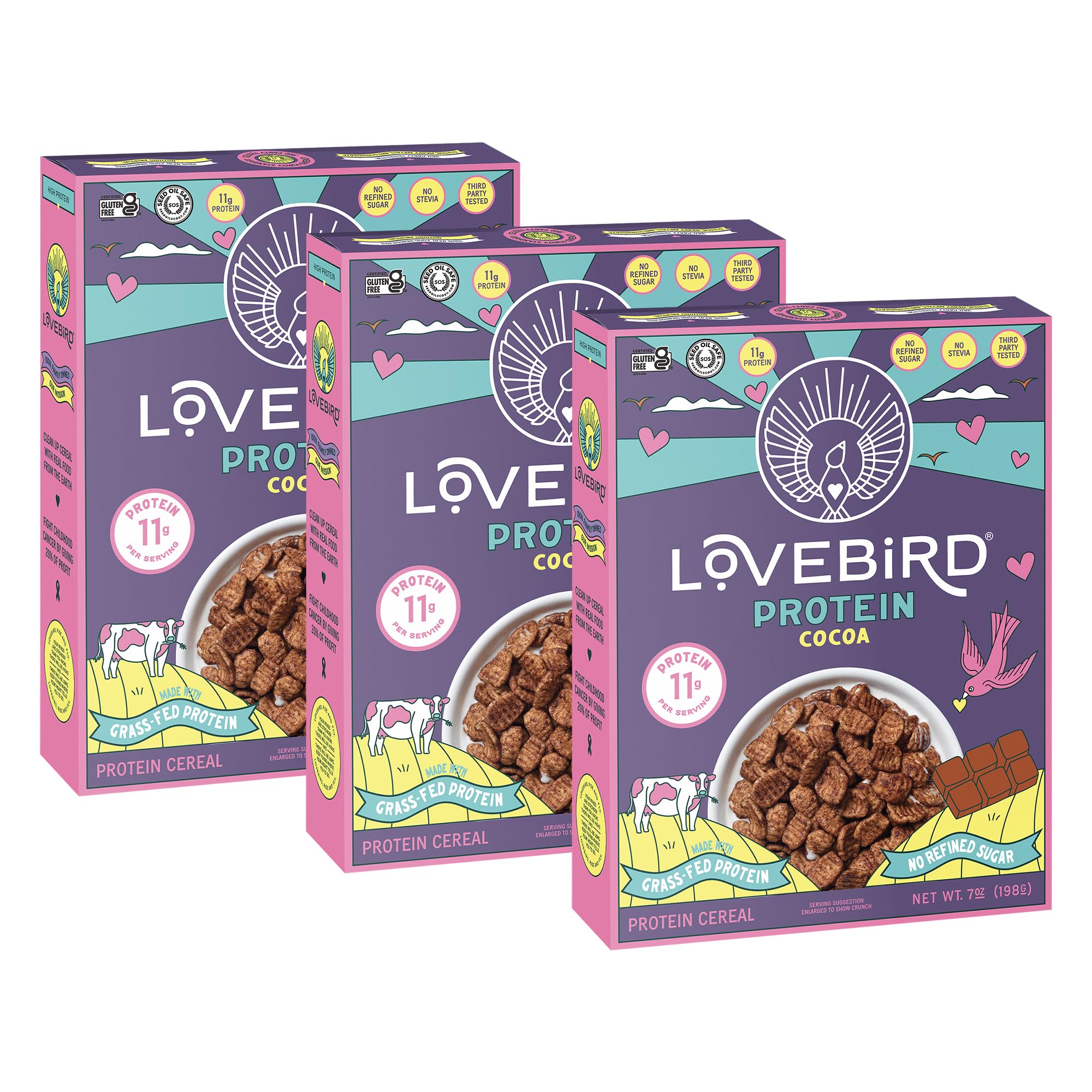 Lovebird protein cocoa front packaging showing three single-serve pouches and benefits