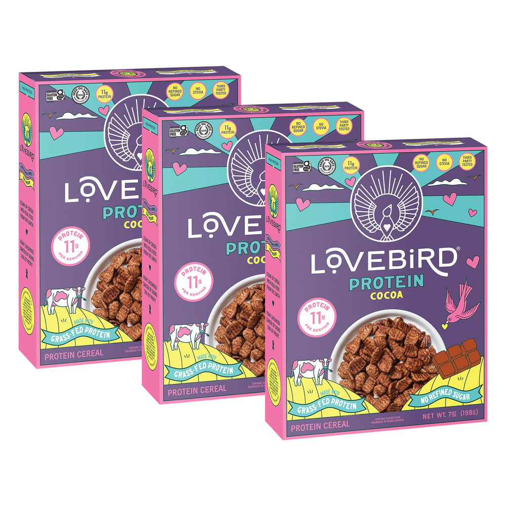 Lovebird protein cocoa front packaging showing three single-serve pouches and benefits