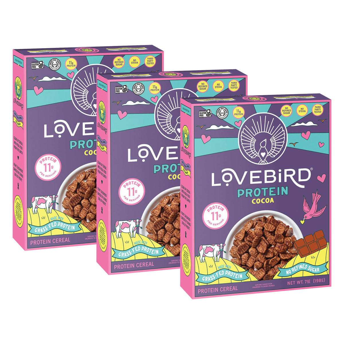 Lovebird protein cocoa front packaging showing three single-serve pouches and benefits