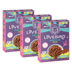 Lovebird protein cocoa front packaging showing three single-serve pouches and benefits