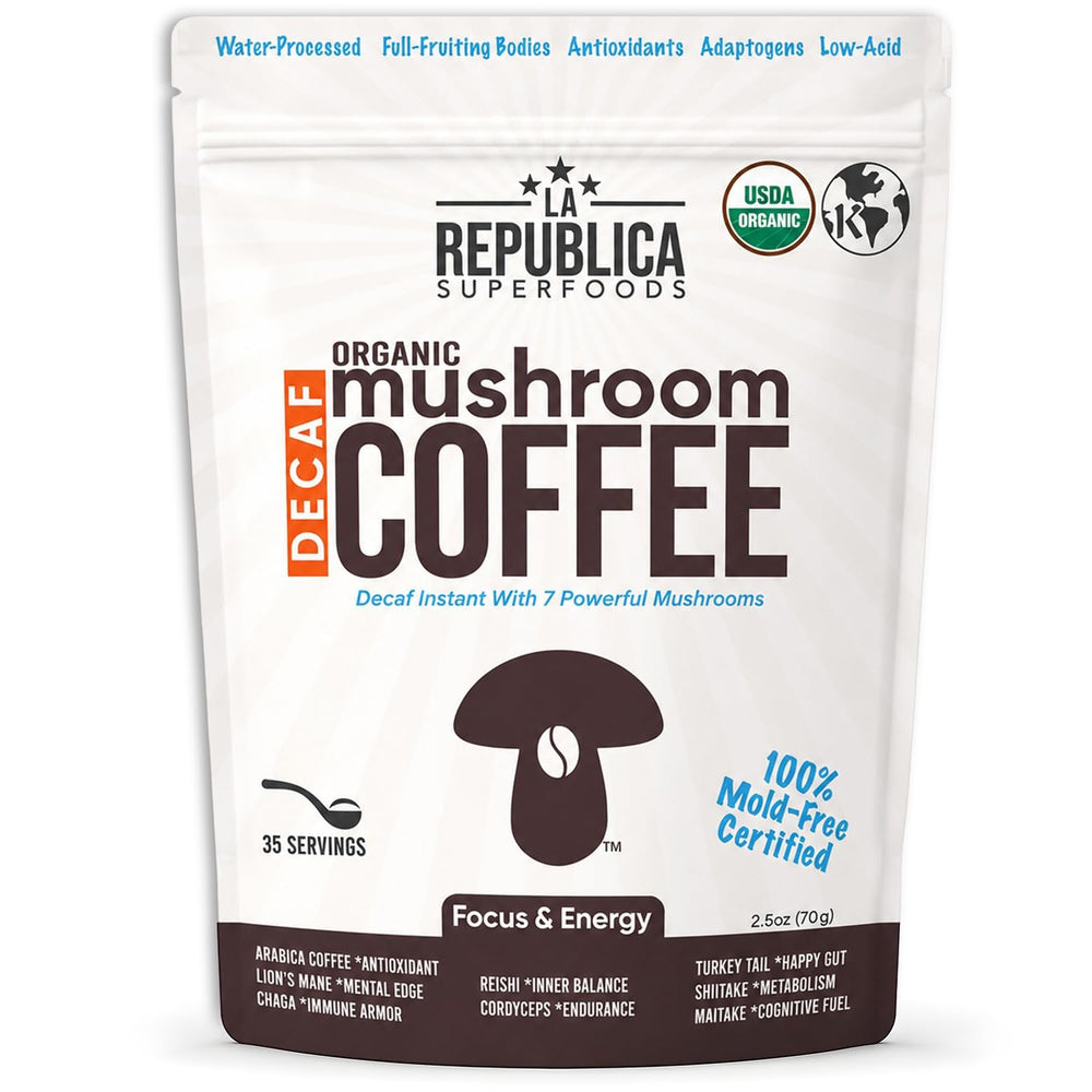 LRLA SUPERFOODS front packaging showing decaf mushroom coffee, clean organic branding benefit